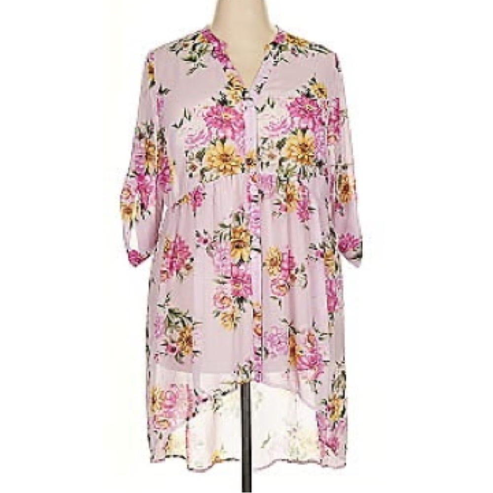 Torrid Chiffon Floral Hi Low Tunic Sheer Pink Flowy Blouse Top Size 2X
